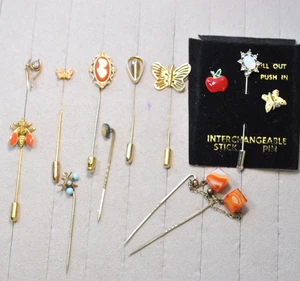 Vtg to now Stick Pins LOT cameo bug antique double chain HL47 - Picture 1 of 14