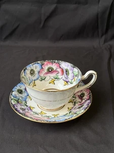 Vtg Taylor & Kent English Bone China Tea Cup & Saucer Set Purple Blue Floral B2 - Picture 1 of 4