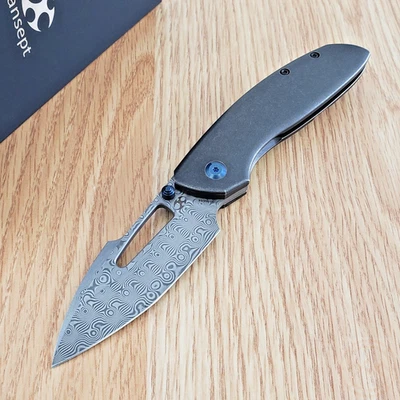 Kansept Knives Link Frame Folding Knife 3" Damascus Steel Blade Titanium Handle - Image 1 of 4