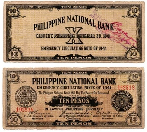 1941 PHILIPPINE Cebu S217 10 Pesos Counter Stamped/Signed BURAUEN, Leyte WW2 - Picture 1 of 5