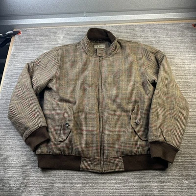 LL Bean Jacket Mens Extra Large Brown Houndstooth Zip Wool Blend Bomber Tweed - Image 1 of 4