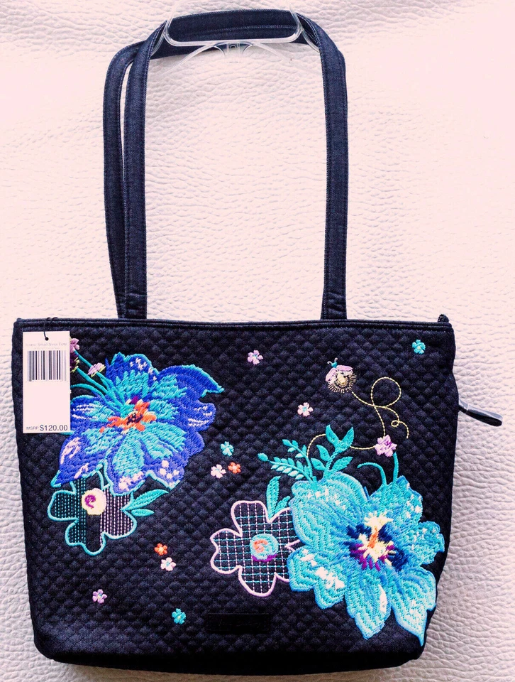 Vera Bradley Iconic Small Tote Bag Purse Floral Embroidery Denim Navy