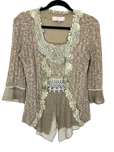 PRETTY ANGEL Women's M Whimsigoth Boho Peasant Brown Beaded Lace 3/4 Sleeve Top - Picture 1 of 11