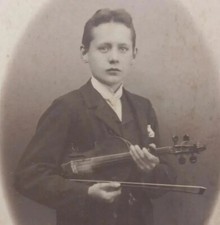 Antique Photo Card Boy Violin Karlskrona Sweden CDV Alma Swenson Music Fashion