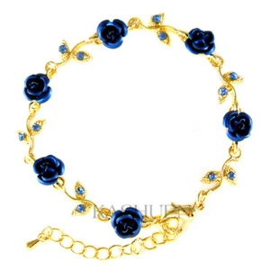 Royal Blue ROSE FLOWER made with Swarovski Crystal Floral Bridal Gold T Bracelet - Picture 1 of 2