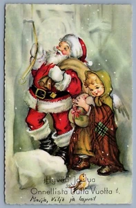 Postcard Santa Claus Finland Girl With Gift Vintage Christmas - Picture 1 of 2
