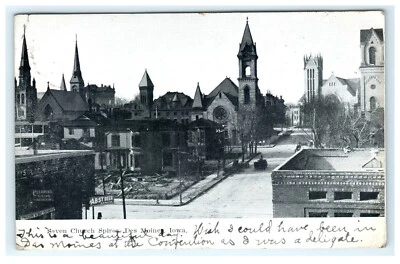 1907 Seven Church Spires Des Monies IA Iowa Early View Postcard - Beer Sign Ads - Image 1 of 2