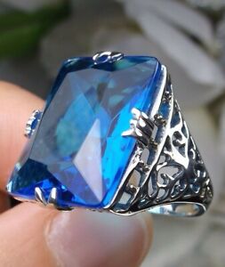 Vintage Filigree Swiss Blue Topaz Simulated Sterling Silver Ring (Custom-Made)D9