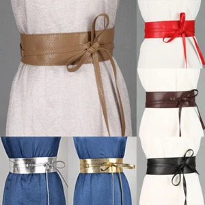 Womens Belt PU Leather Waist Wide Dress Tie Corset Cinch Ladies Soft Wrap Around - Picture 1 of 21