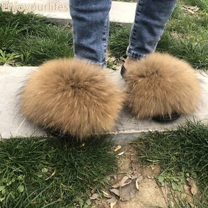 Women's Real Natural Raccoon Fur Slides Max Large XXL Slippers Sandals Shoes - Picture 1 of 1