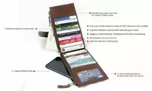 Genuine Leather Wallet RFID Safe Phone Cards Case Samsung I Phone casing Clutch - Picture 1 of 11