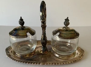 ONEIDA MCM  VINTAGE GLASS JAM JELLY JARS SILVERPLATE CONDIMENT TRAY - Picture 1 of 11