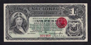 El Banco Nacional de Santo Domingo 1 Peso 1889  P-131r  AU/UNC Dominican Rep. - Picture 1 of 2