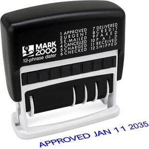 12-Phrase Dater - Date & Phrase Self-Inking Stamp - Blue Ink - Picture 1 of 6