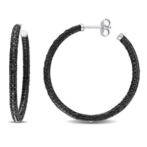 Amour Sterling Silver 1/4CT TDW Black Diamond Hoop Earrings - Picture 1 of 4