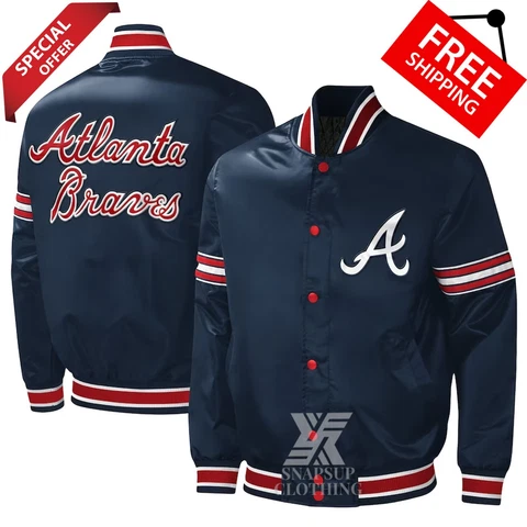 Atlanta Braves MLB Navy Satin Letterman Baseball Bomber Style Varsity Jacket Cover