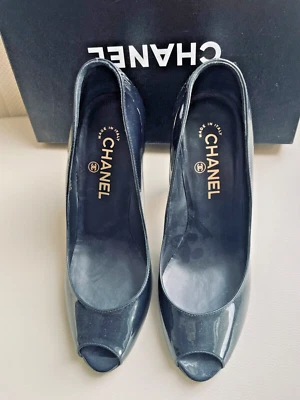 CHANEL black patent leather peep toe pumps 38 $575 at Neiman Marcus today - Image 1 of 4