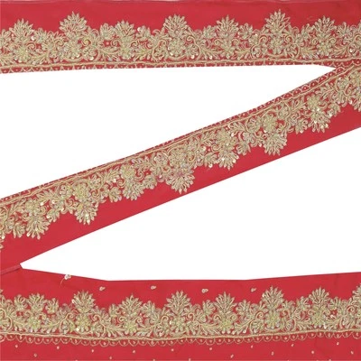 Sanskriti Vintage Saree Border Hand Beaded Craft 1Yd Trims Decor Lace 2W Red - Image 1 of 4