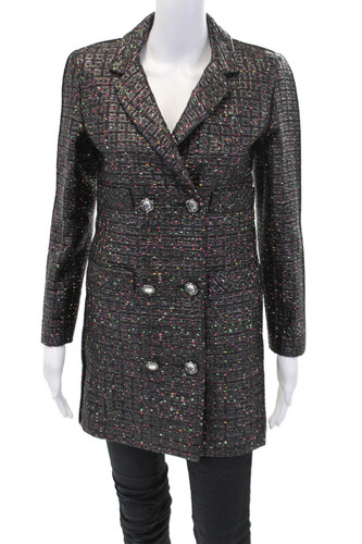 Cappotto Chanel donna doppiopetto colletto tweed lucido nero multi FR 34