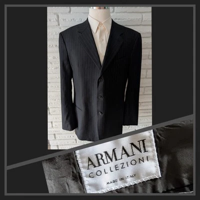 🇮🇹 ARMANI Collezioni XL 44L Black Pinstripe Blazer Suit Jacket Made in Italy - Image 1 of 4