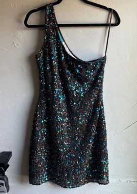 Mini Vestido Scala Y2K Un Hombro Marrón y Azul Lentejuelas y Cuentas Talla 10 Foto 1 de 4
