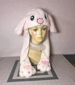 White and Pink Bunny Hat Flappy Ears Cute Kawaii Kids Rave Winter Rabbit Costume - Picture 1 of 13