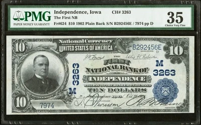  $10 1902 espalda lisa Fr. 624 The First National Bank Ch. # (M) PMG VF 35 Foto 1 de 2