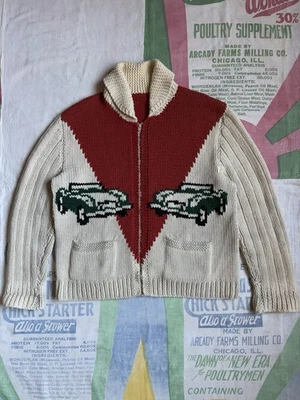 Vintage 50’s/60’s Race Car Cowichan Sweater XL Shawl Collar Cable Knit - Image 1 of 4