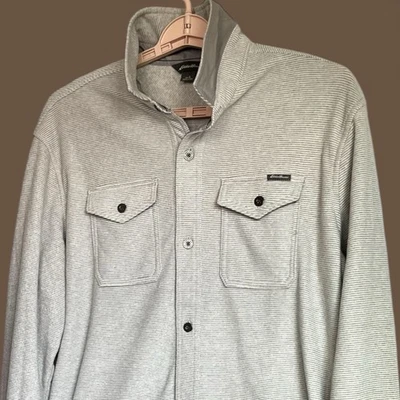 Eddie Bauer Fleece Shirt Men Sz L Gray Striped Soft Button Up Pockets Casual EUC - Image 1 of 4