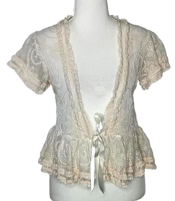 Jools Size 8-10 Ivory Cream Lace Frill Sleeve Ruffle Peplum Top Cottagecore Boho - image 1 of 4