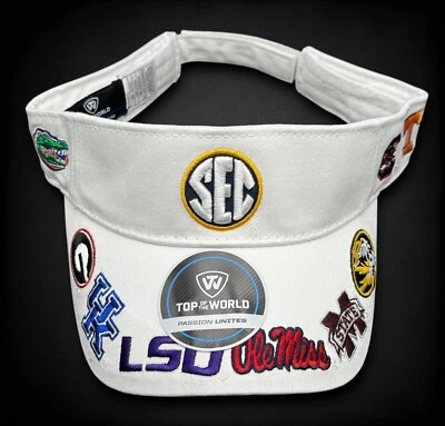 Top Of The World SEC NCAA Equipos Logotipos Bordados Blanco Visera Ajustable Sombrero NUEVO Foto 1 de 4