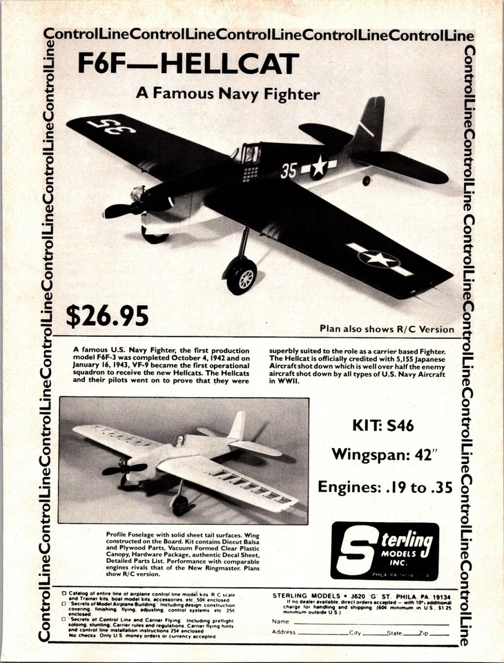 F6F Hellcat RC Airplane Vintage 1978 Print Ad Sterling Models - Image 1 of 1