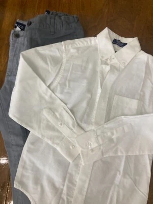 Childrens Place Lot Youth Sz 8 Chino Slacks/ Adjustable Boys Uniform White Shirt - Image 1 of 4