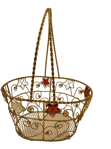 Gold Beaded Oval Basket Metal Wire Red White Stars Wedding Decor Shower 8 inch Cover