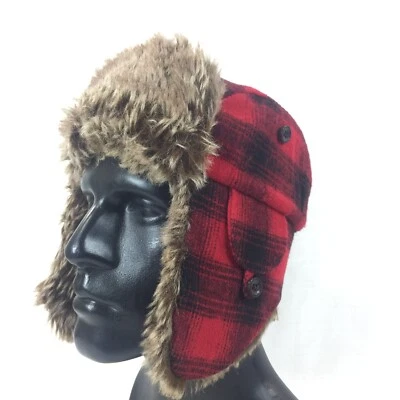 Fossil Buffalo Plaid Trapper Hat w/ Faux Fur Lining Red Black Unisex OSFM - Image 1 of 4