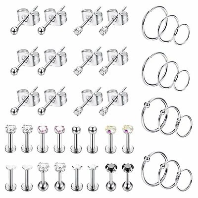 40 PIEZAS Acero Inoxidable Circonita cúbica Labio Tragus Oreja Pequeños Aretes Aros Piercing - Imagen 1 de 4