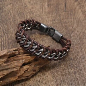 5pcs Punk Style Mens Bracelet Braided Brown Leather Stainless Steel Chain Bangle - Picture 1 of 9