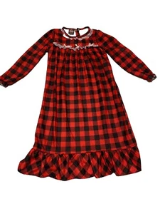 PJS & Presents Girls Full Length Night Gown Fleece Lined Bows & Lace 7/8 Red Blk - Picture 1 of 8