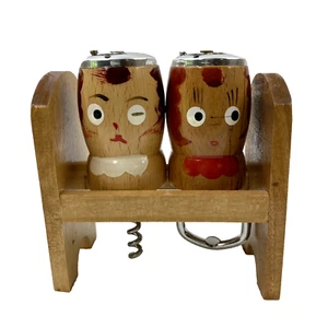Hawaii Souvenir Wood Salt Pepper Corkscrew Bottle Opener Holder Japan Vintage - Picture 1 of 9