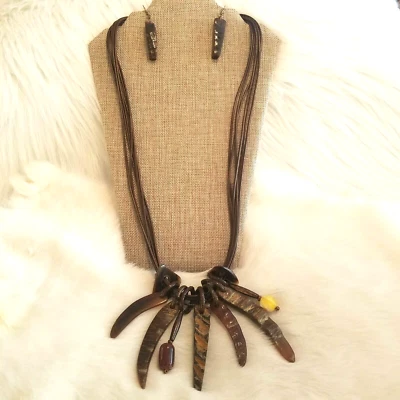 Tribal Shell Bead Necklace Earring Set Chunky Statement Boho Festival Beach 5144 - Image 1 of 4