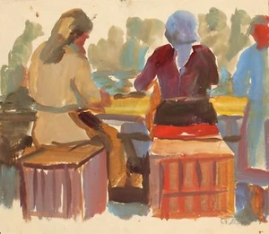 Vintage impressionist gouache painting figures portrait - Imagen 1 de 12