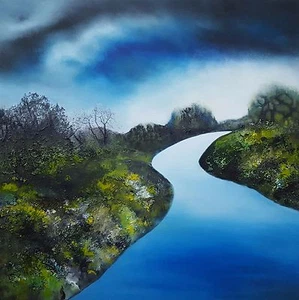 ISABELLE AMANTE ORIGINAL "Blue River" IMPRESSIONIST TREES FOREST PAINTING - Picture 1 of 1