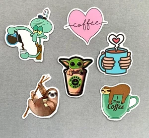 MIXED LOT OF 6 XL FUNNY COFFEE STICKERS SLOTHS SQUIDWARD THE CHILD SCRAPBOOKING - Picture 1 of 2