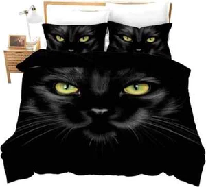 Animal Duvet Cover Queen Size Pet Cat Comforter Set Black Cat with Yellow Eyes P - Picture 1 of 2