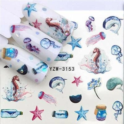 NAIL ART FLAMINGO Nail Art Wasseraufkleber Transfers Aufkleber Sommer Ozean Meerjungfrau Hai Blumenmuster 3153