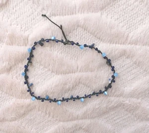 Vintage 90's Y2K 2000's Choker Necklace Black Cord & Blue Bead Woven Design - Picture 1 of 6