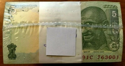 INDIA 5 RUPEES NEW 2010-2011 X 100 Pcs Lot GANDHI BUNDLE UNC MONEY PACK BANKNOTE - Image 1 of 4