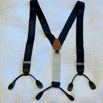 Brooks Brothers Solid Suspender Classic Tuxedo Black Leather Adjustable Button - Image 1 of 4