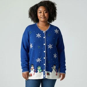 Vintage Victoria Jones Not Ugly Christmas Cardigan Pullover Blau Schneemänner 2XL - Bild 1 von 6