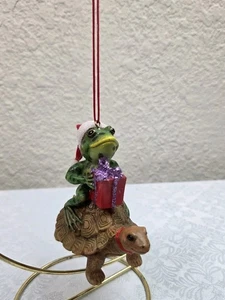 Stouffer Frog Toad Riding On Turtle Holding Present Christmas Ornament - Picture 1 of 9